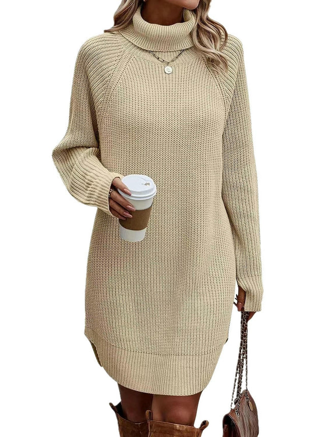 Autumn and Winter Fashion Slit Turtleneck Sweater Women's Knitted Cardigan Dress