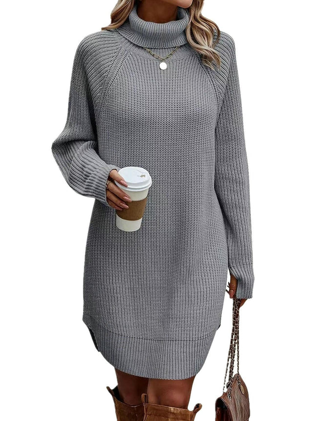Autumn and Winter Fashion Slit Turtleneck Sweater Women's Knitted Cardigan Dress