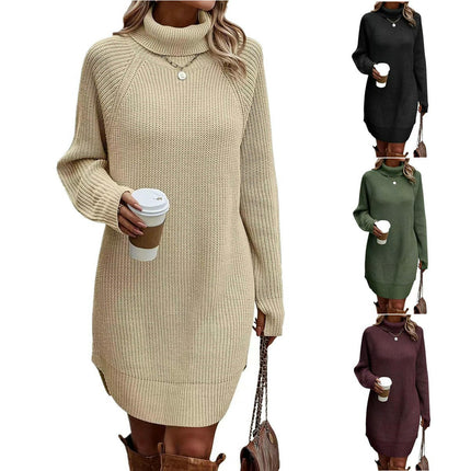 Autumn and Winter Fashion Slit Turtleneck Sweater Women's Knitted Cardigan Dress