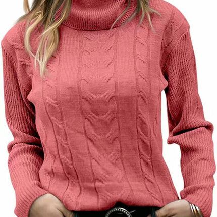 Womens' Turtleneck Long Sleeve Cable Knit Sweaters Round Neck Casual Sweater 1