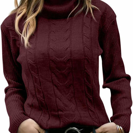 Womens' Turtleneck Long Sleeve Cable Knit Sweaters Round Neck Casual Sweater