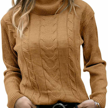 Womens' Turtleneck Long Sleeve Cable Knit Sweaters Round Neck Casual Sweater