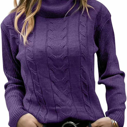 Womens' Turtleneck Long Sleeve Cable Knit Sweaters Round Neck Casual Sweater