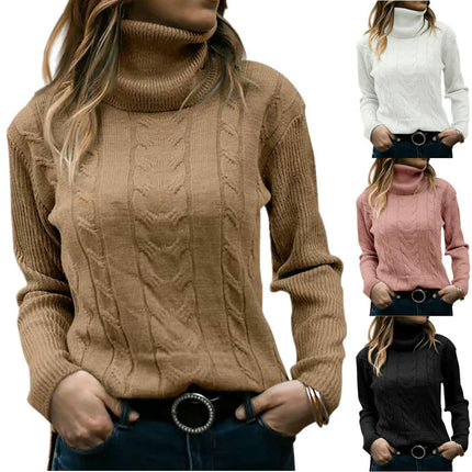 Womens' Turtleneck Long Sleeve Cable Knit Sweaters Round Neck Casual Sweater 1