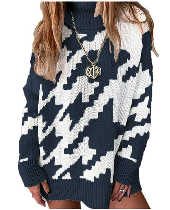 Women's Turtleneck Sweater Contrast Color Long Sleeve Mid-Length Sweater