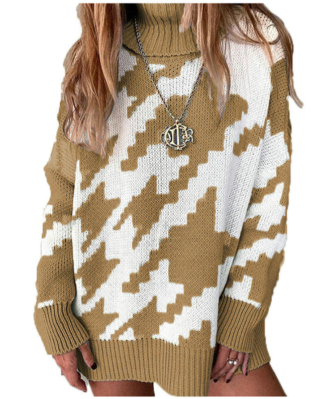 Women's Turtleneck Sweater Contrast Color Long Sleeve Mid-Length Sweater