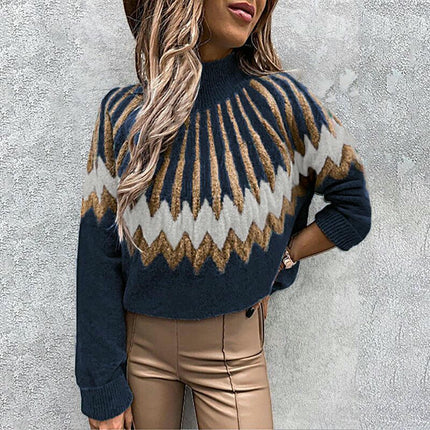 Womens Casual Prints Knitted Pullover Sweaters Long Sleeve High Neck Jumper Tops