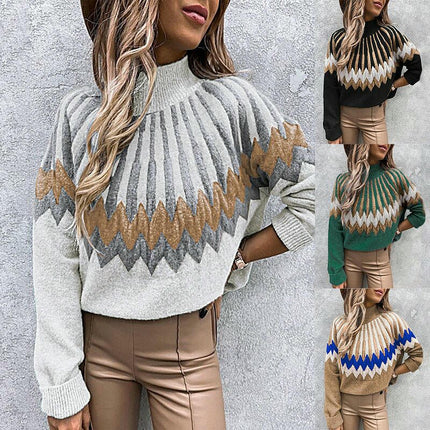 Womens Casual Prints Knitted Pullover Sweaters Long Sleeve High Neck Jumper Tops