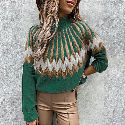 Womens Casual Prints Knitted Pullover Sweaters Long Sleeve High Neck Jumper Tops
