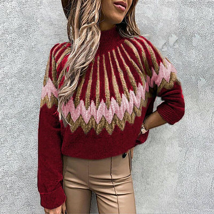 Womens Casual Prints Knitted Pullover Sweaters Long Sleeve High Neck Jumper Tops