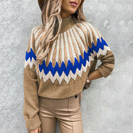 Womens Casual Prints Knitted Pullover Sweaters Long Sleeve High Neck Jumper Tops
