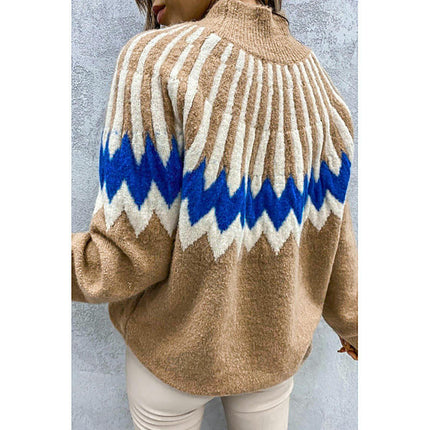 Womens Casual Prints Knitted Pullover Sweaters Long Sleeve High Neck Jumper Tops