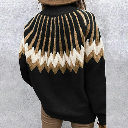 Womens Casual Prints Knitted Pullover Sweaters Long Sleeve High Neck Jumper Tops