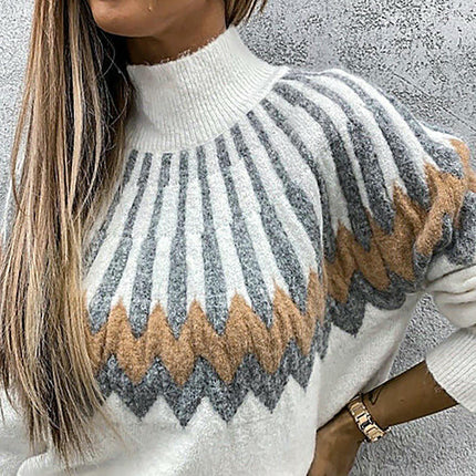 Womens Casual Prints Knitted Pullover Sweaters Long Sleeve High Neck Jumper Tops