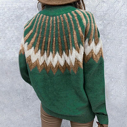 Womens Casual Prints Knitted Pullover Sweaters Long Sleeve High Neck Jumper Tops