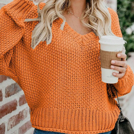 Women's Long Sleeve Knitted Sweater Loose V-Neck Bat Sleeve Sweater Top