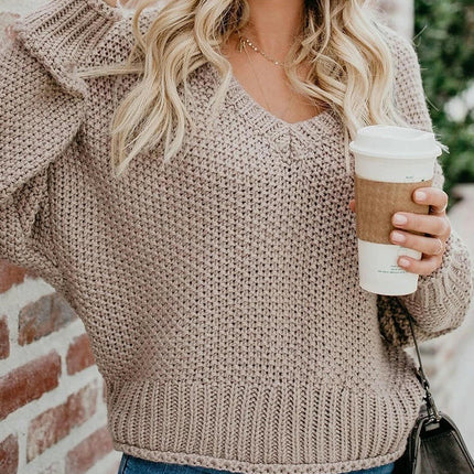 Women's Long Sleeve Knitted Sweater Loose V-Neck Bat Sleeve Sweater Top