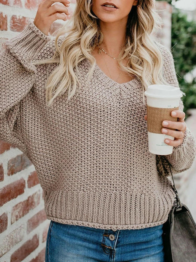 Women's Long Sleeve Knitted Sweater Loose V-Neck Bat Sleeve Sweater Top