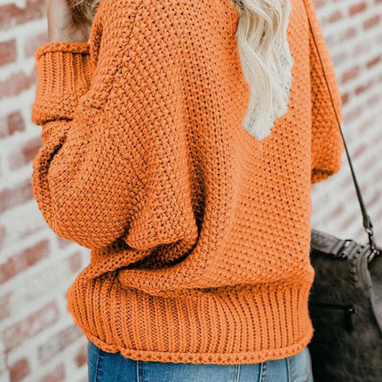 Women's Long Sleeve Knitted Sweater Loose V-Neck Bat Sleeve Sweater Top