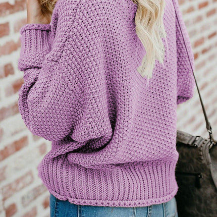 Women's Long Sleeve Knitted Sweater Loose V-Neck Bat Sleeve Sweater Top