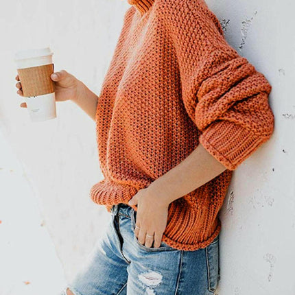 Women's Turtleneck Sweater Batwing Sleeve Long Sleeve Loose Chunky Knit Pullover
