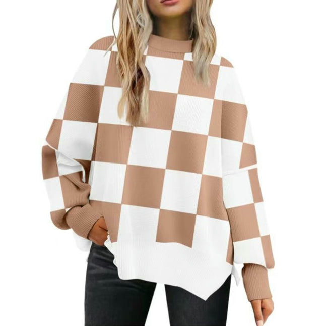 Women's Loose Pullover Sweater Round Neck Checkered Colorblock Knitted Sweater