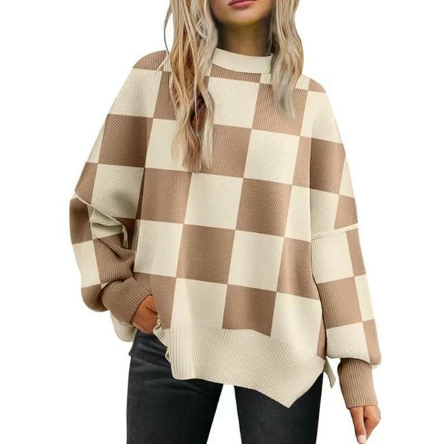 Women's Loose Pullover Sweater Round Neck Checkered Colorblock Knitted Sweater