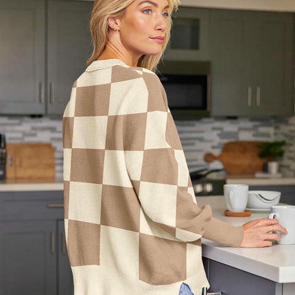 Women's Loose Pullover Sweater Round Neck Checkered Colorblock Knitted Sweater