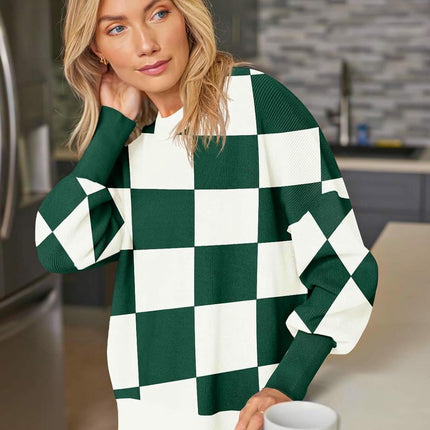 Women's Loose Pullover Sweater Round Neck Checkered Colorblock Knitted Sweater