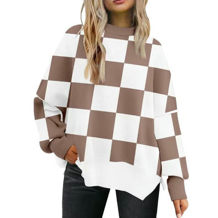 Women's Loose Pullover Sweater Round Neck Checkered Colorblock Knitted Sweater
