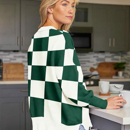 Women's Loose Pullover Sweater Round Neck Checkered Colorblock Knitted Sweater
