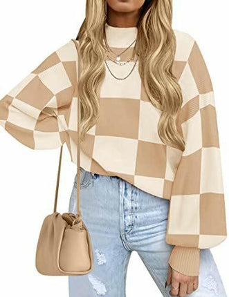 Womens Sweaters Crewneck Checkered Bell Sleeve Sweater Knit Pullover Tops