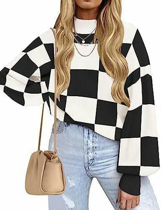 Womens Sweaters Crewneck Checkered Bell Sleeve Sweater Knit Pullover Tops