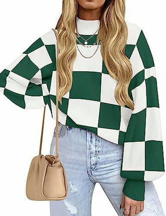 Womens Sweaters Crewneck Checkered Bell Sleeve Sweater Knit Pullover Tops