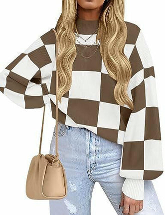 Womens Sweaters Crewneck Checkered Bell Sleeve Sweater Knit Pullover Tops