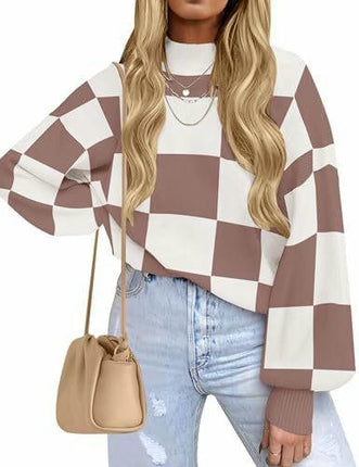 Womens Sweaters Crewneck Checkered Bell Sleeve Sweater Knit Pullover Tops