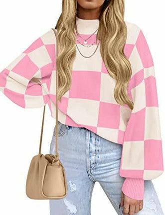Womens Sweaters Crewneck Checkered Bell Sleeve Sweater Knit Pullover Tops