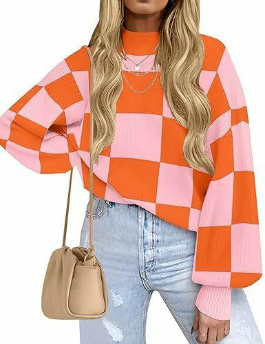 Womens Sweaters Crewneck Checkered Bell Sleeve Sweater Knit Pullover Tops