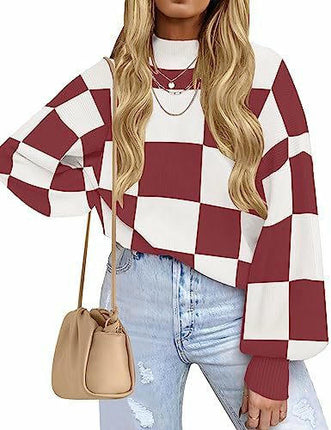 Womens Sweaters Crewneck Checkered Bell Sleeve Sweater Knit Pullover Tops