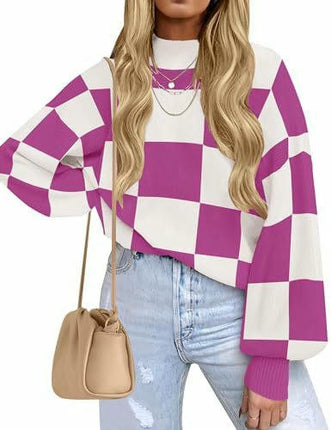 Womens Sweaters Crewneck Checkered Bell Sleeve Sweater Knit Pullover Tops