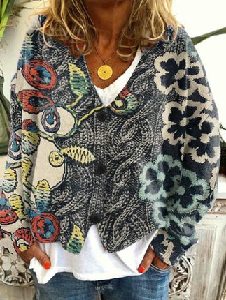 Women's Christmas Abstract Print Casual Cape Coat Button Cardigan Sweater 3