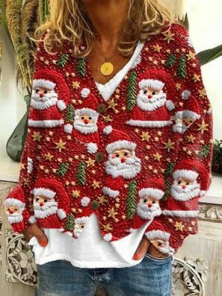 Women's Christmas Abstract Print Casual Cape Coat Button Cardigan Sweater