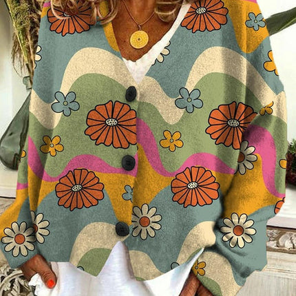 Women's Christmas Abstract Print Casual Cape Coat Button Cardigan Sweater 1