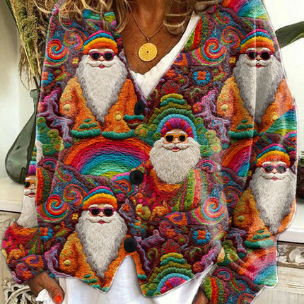 Women's Christmas Abstract Print Casual Cape Coat Button Cardigan Sweater