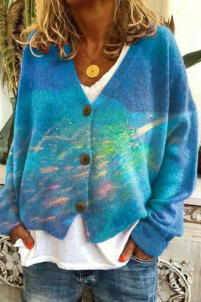 Women's Christmas Abstract Print Casual Cape Coat Button Cardigan Sweater