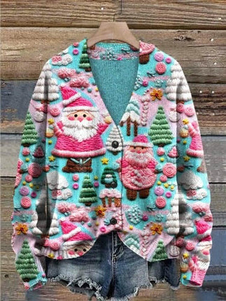 Women's Christmas Abstract Print Casual Cape Coat Button Cardigan Sweater