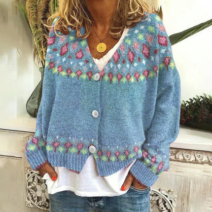 Women's Christmas Abstract Print Casual Cape Coat Button Cardigan Sweater 3