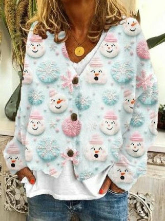 Women's Christmas Abstract Print Casual Cape Coat Button Cardigan Sweater