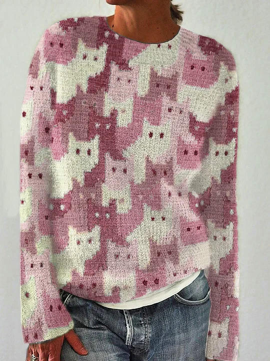 Cat Print Women's Round Neck Soft Sweater Casual Jacket Knitted Cardigan