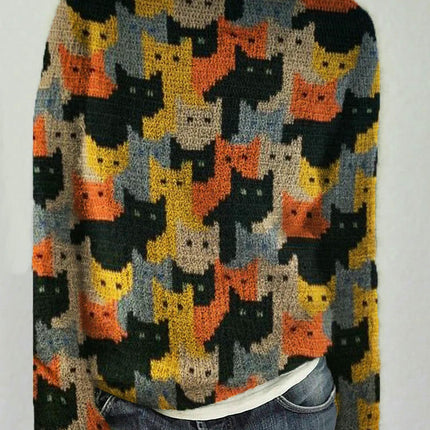 Cat Print Women's Round Neck Soft Sweater Casual Jacket Knitted Cardigan
